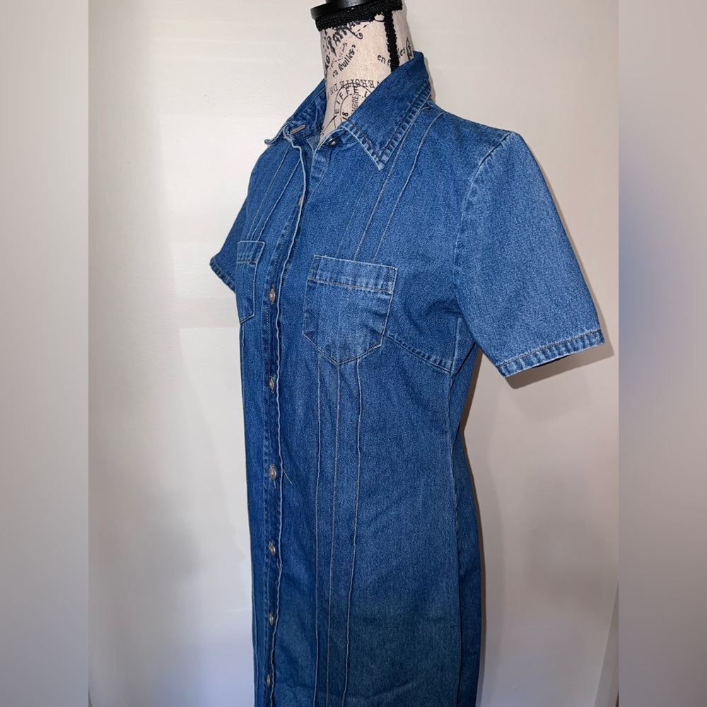 Expressions 90s Vintage Denim Button Front Midi Dress Small 100% Cotton Collared - Picture 5 of 11